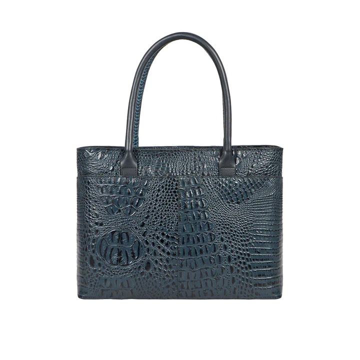 Blue Leather Work Tote Bag | Mn Blue Shiny Baby Croco Work Tote